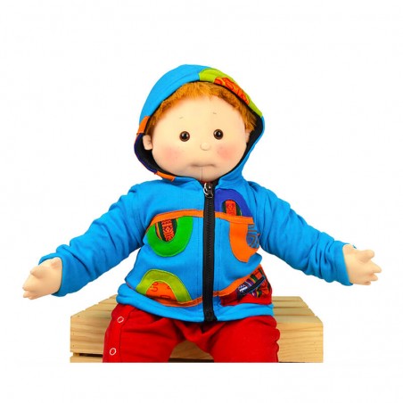 Chaqueta para bebes desde los 3 meses hasta los 6 años, color azul con apliques en tela colorida