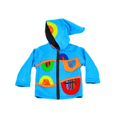 Chaqueta étnica para niños color azul con capucha tipo duende, para niños y niñas desde los 6 meses hasta los 6 años