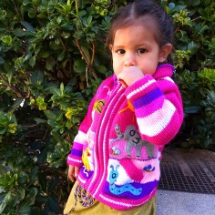 Chaqueta niños hecho en lana, decorado con animales de fieltro y paisajes de la naturaleza, para niños y niñas, color rosa