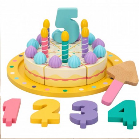 Tarta de cumpleaños de madera con número del 1 al 5, velas, con velcro para unir, material reciclable, juguete sostenible.
