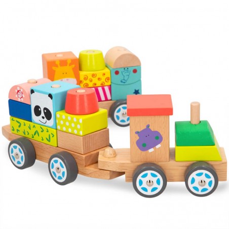 Tren de madera con bloques de madera, 19 piezas para niños y niñas, juguetes sostenibles educativos