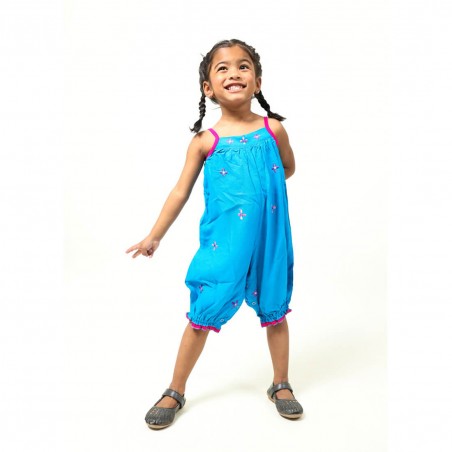Mono corto con tirantes color azul para niñas, coqueto peto para bebés