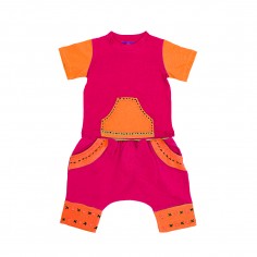 conjunto para bebés, pantalon y camiseta tipo sudadera con detalles bordados a mano estilo hippie y etnico color rosa y naranja