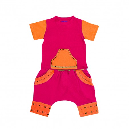 conjunto para bebés, pantalon y camiseta tipo sudadera con detalles bordados a mano estilo hippie y etnico color rosa y naranja