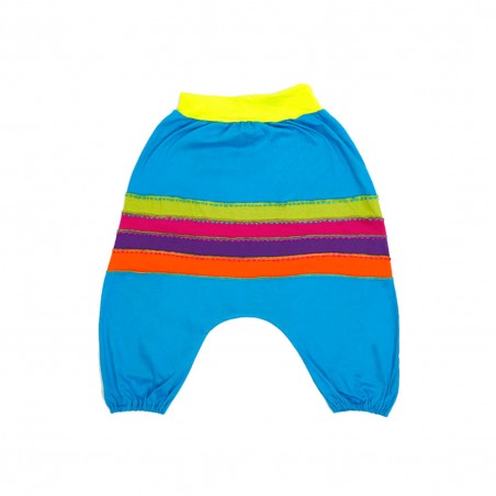 pantalon largo para bebes hecho en algodón  color azul, con rayas coloridas pantalon tiro bajo, moda étnica hippie infantil