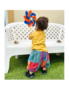 Pantalon baby de parches coloridos, moda hippie y étnica divertida infantil, pantalon comodo para verano