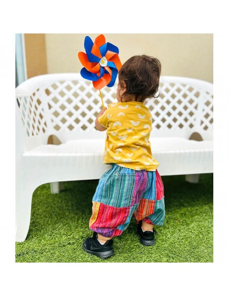 Pantalon baby de parches coloridos, moda hippie y étnica divertida infantil, pantalon comodo para verano