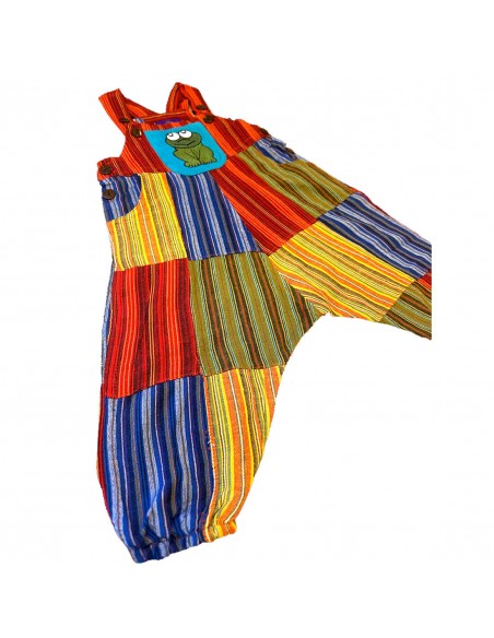 Peto largo cómodo y fresco, hecho a mano con parches coloridos, moda infantil artesanal, peto para bebés con bordado de rana
