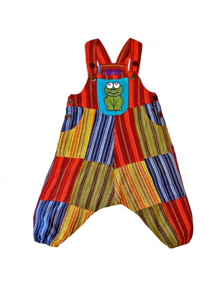 Peto con bolsillo azul y bordado a mano de rana verde, moda colorida para niños y bebés, moda étnica